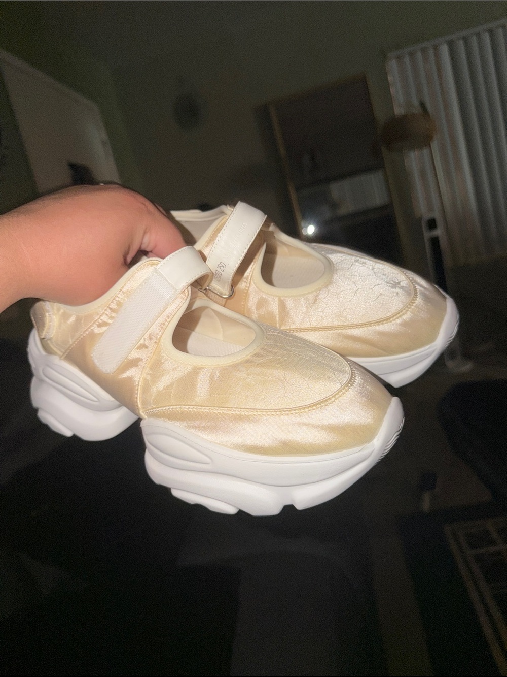 Girls Satin Beige Mary Jane Platform Sneakers with Hook-and-Loop Strap